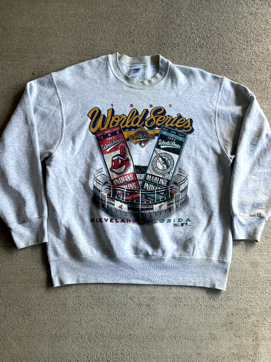 Vintage 90's Pro Player 97 Indians vs Marlins World Series Crewneck Sweatshirt